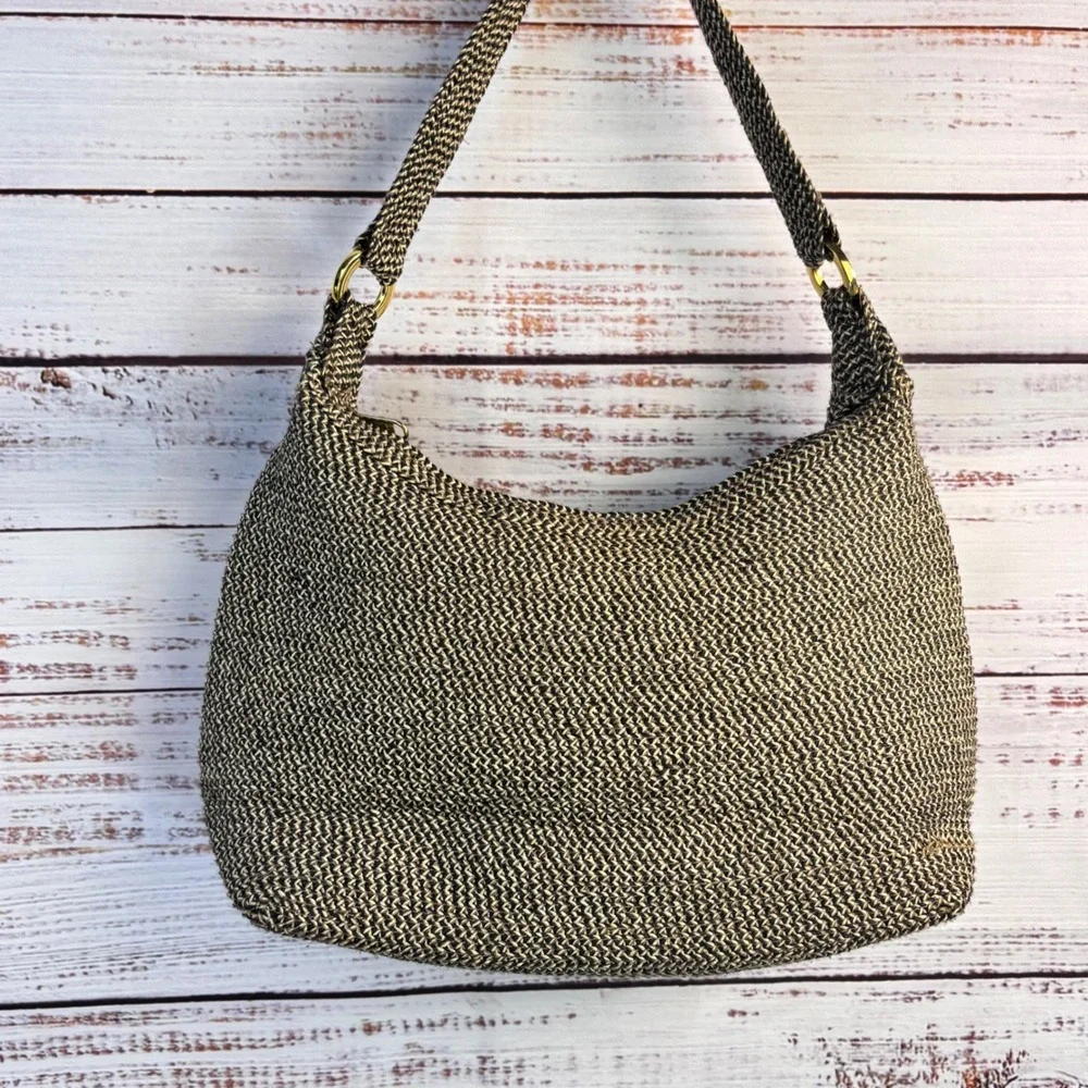 Orvis Woven Straw Hobo Shoulder Bag Black Tan Paper Blend Top Zip 1004564‎ 1P5